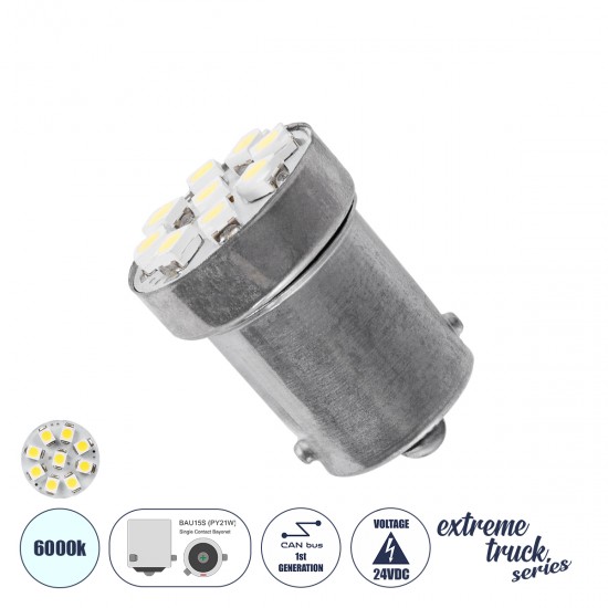 GloboStar® 81201 Λάμπα Αυτοκίνητου 1156 - BA15S - P21W 1st Generation Can-Bus Extreme Truck Series LED 9 SMD 1206 0.5W 63lm 120° DC 24-30V IP20 Ψυχρό Λευκό 6000K